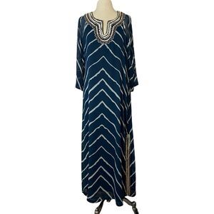 Soft Surroundings Beaded Sequin Navy Blue Striped Maxi Kaftan Dress Womens Small